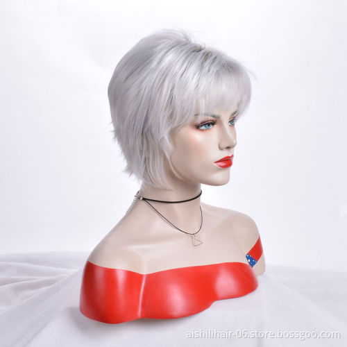 Wholesale Heat Resistant Synthetic Natural Straight Silver White Short Wig Synthetic Hair Wigs For Women